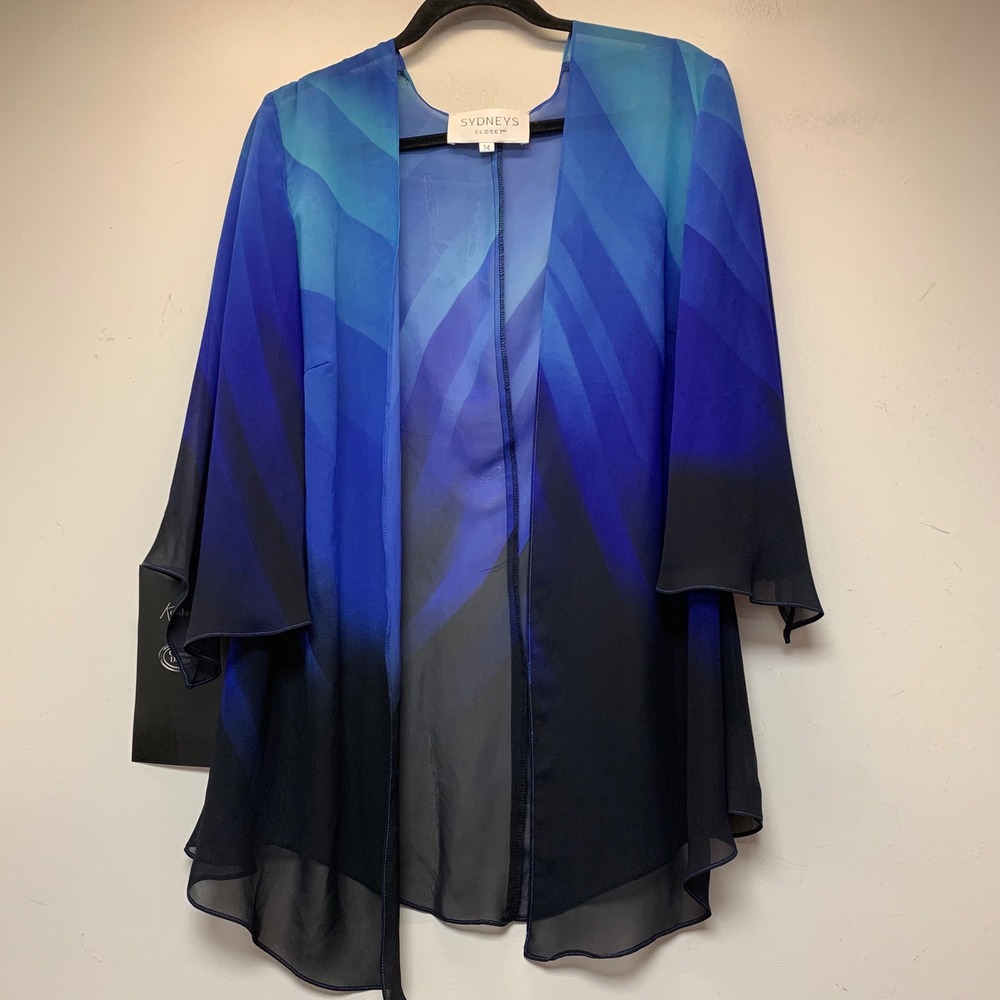 Sydneys Closet Chiffon Cardigan Women 14 Blue New Ombre Geometric Sheer Kimono‎